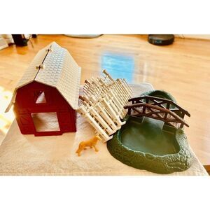 Plasticville Farm Lot - Barn , Fencing , Dog , Pond w/ Bridge , Paper Roses